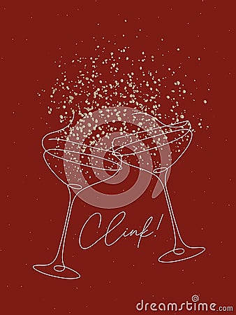 Clink glass of champagne with splash red bg Vector Illustration