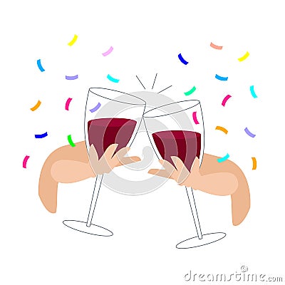 Clink glasses with red wine and confetti. festive feast with alcoholic drinks. hand holds a glass of wine. celebration Vector Illustration