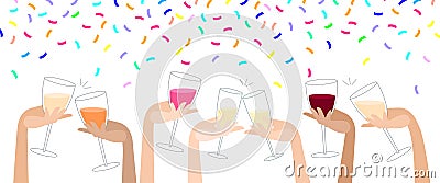 clink glasses with wine and confetti. hen-party. festive party. hand holds a glass with alcoholic drinks. celebration Cartoon Illustration