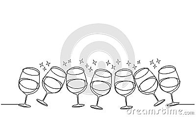 Clinking glasses. Many glasses of champagne wine. Party. Line drawing Vector Illustration