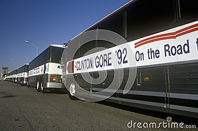 Clinton/Gore buses on the 1992 Buscapade campaign tour in Waco, Texas Editorial Stock Photo