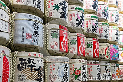 cliose up Collection of traditional sake barrels or nihonshu sta Editorial Stock Photo