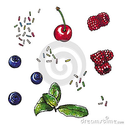 Clip art with berries, cherry, blueberry, raspberry, mint branch and sugary topping, hand drawn watercolor Cartoon Illustration