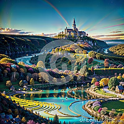 A clip art of a magical village nestled beside a glistening and cerulean river. Stock Photo