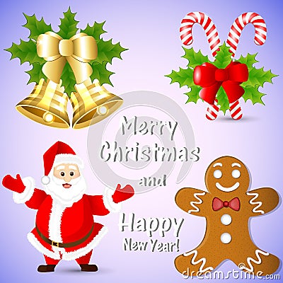 Clip-art for the New Year with Santa Claus, gingerbread, golden bells and holly Stock Photo
