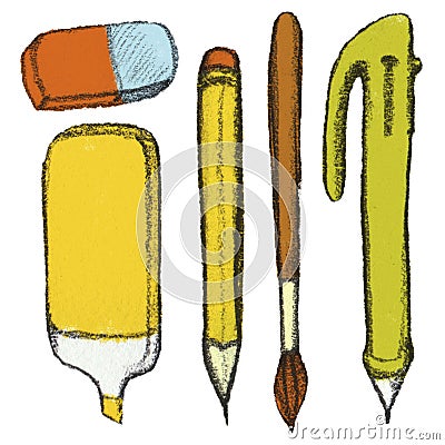 Clip art of pencil sketch of school stationery, supplies. Cartoon Illustration