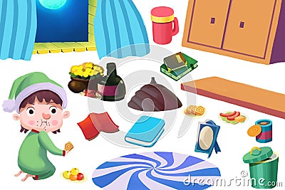 Clip Art Set: The Kid, Food, and Family Kitchen Stuff. Stock Photo