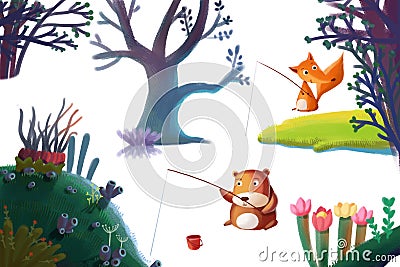 Clip Art Set: Nature Stuff: Forest Plant Tree, Animal Bear Fox, Flower Hill Island etc. Stock Photo