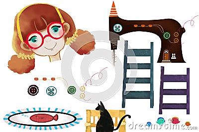 Clip Art Set: Sewing Machine, Girl, Ladder, Cat, etc. Stock Photo