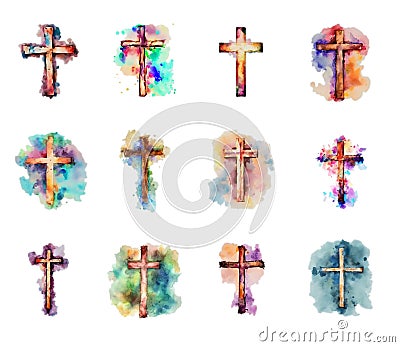 Clip Art of Watercolor Style Christian Crosses with PNG Cartoon Illustration