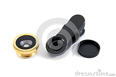 Clip lens for mobile phone isolated on white background. Smartphone zoom lens clip isolated Stock Photo