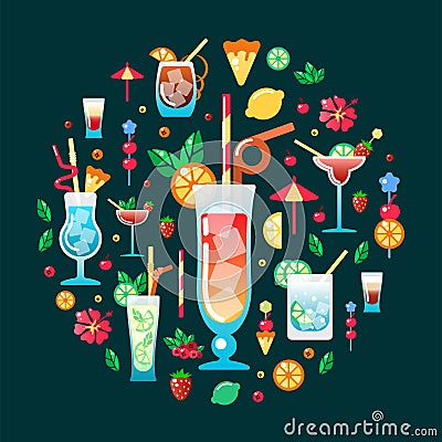 Clipart of alcohol cocktails different types with decorations Vector Illustration