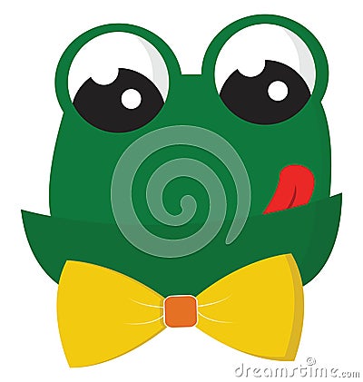 Clipart of a beautiful green frog with its tongue stuck out has two eyes and is wearing a neck bowtie vector or color illustration Vector Illustration