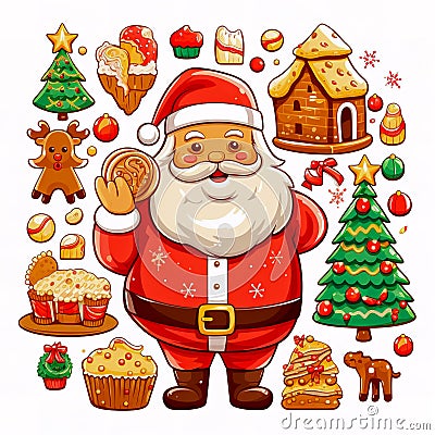 Clipart of drawing with gingerbread cookie, Santa Claus, reindeer, gift boxes, Christmas tree, flat design, white background Stock Photo