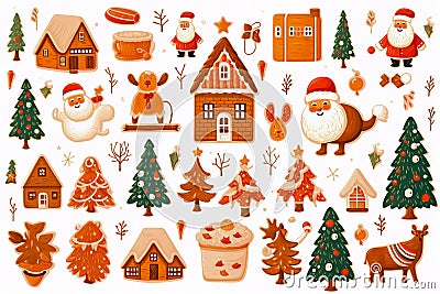 Clipart of drawing with gingerbread cookie, Santa Claus, reindeer, gift boxes, Christmas tree, flat design, white background Stock Photo