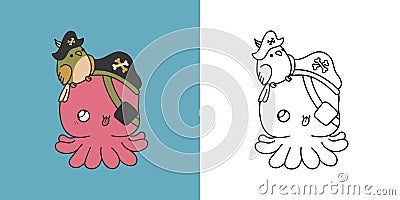 Clipart Halloween Octopus Multicolored and Black and White. Cute Clip Art Halloween Sea Animal Vector Illustration