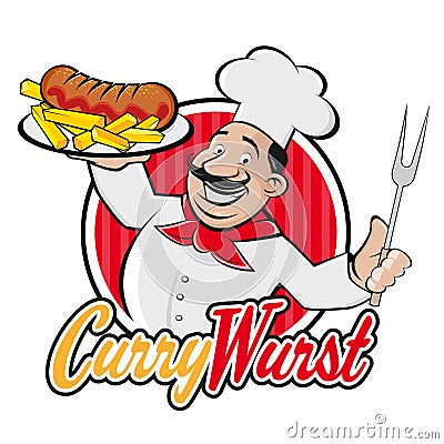 Happy chef serving german currywurst Vector Illustration