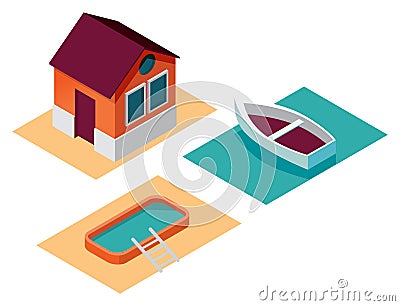 Clipart house boat pool Vector Illustration