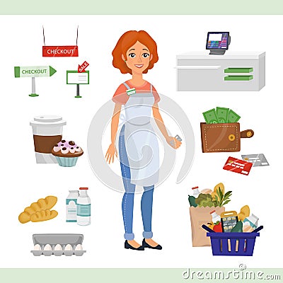 European woman as cashier counter Vector Illustration