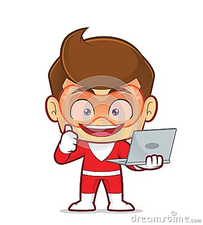 Superhero holding a laptop Vector Illustration