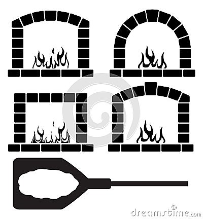 Clipart set of ovens with burning fire and pizza, vector Vector Illustration