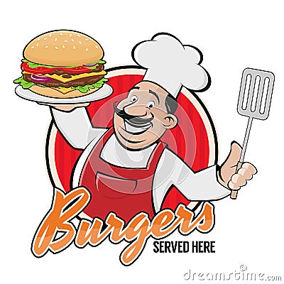 Happy chef serving a delicious burger sign Vector Illustration