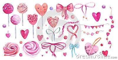 Clipart from watercolor illustrations. Heart-shaped lollipops, heart candies, marshmallows, satin ribbons, bows, beads, flags. Cartoon Illustration