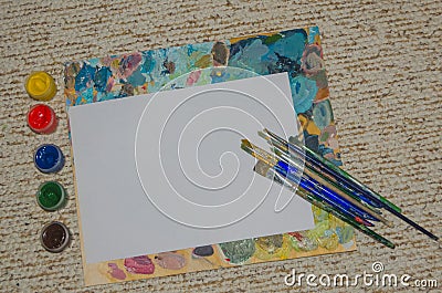 Clipart, white sheet of paper with brushes background Stock Photo