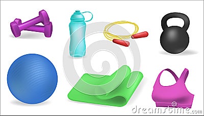 Clipart yoga mat, fitness ball, sports water bottle, dumbbells. Fitness center horizontal banners set. Sport equipment and Stock Photo