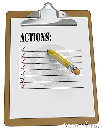 Clipboard with Actions List and stubby pencil Stock Photo