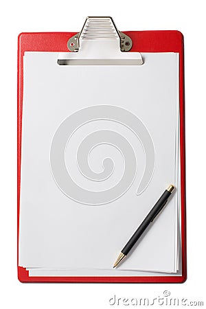 Clipboard with blank paper sheets and pen isolated Stock Photo