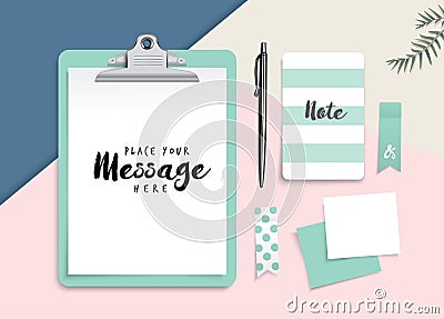 Clipboard with blank white paper and stationery Vector Illustration