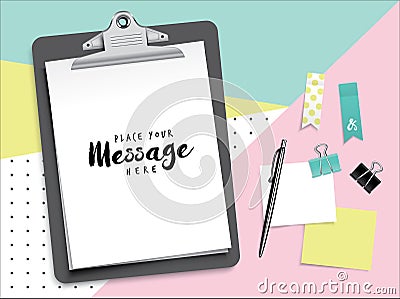 Clipboard with blank white paper and stationery Vector Illustration