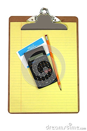 Clipboard, Calculator, Pencil, Name Tag, and Paper Stock Photo