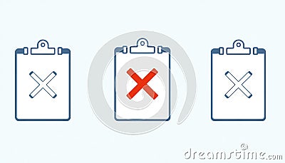 Clipboard with cancel icon shows rejection of document. Simple graphic for software tech web design apps. Cancelation symbol on Stock Photo