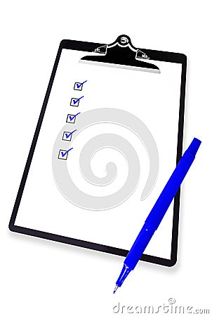 Clipboard with Checklist and Blue Pen Stock Photo