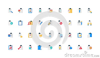 Clipboard, checklist form with ticks on paper sheet, survey data and task color icon set Vector Illustration