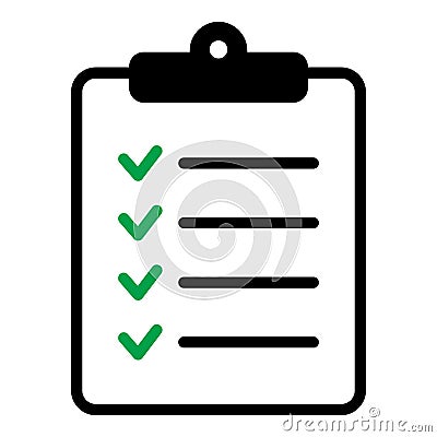 Clipboard with checklist with green checkmarks icon. Agreement symbol. Survey icon. Vector Illustration