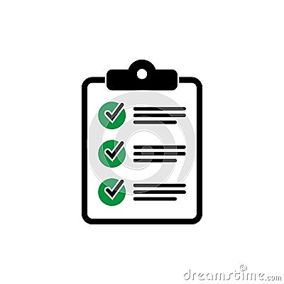 Clipboard with checklist icon for web with green check boxes isolated on white background. Vector Illustration