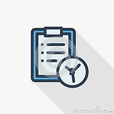 Clipboard and clock, to-do list thin line flat color icon. Linear vector symbol. Colorful long shadow design. Vector Illustration
