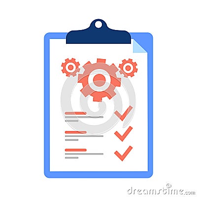 Clipboard and cogwheel, technical support check list, team work solution, project management, software upgrade. Testing Vector Illustration
