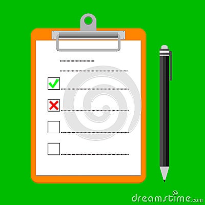 Clipboard with green ticks checkmarks and pen. Checklist for business, complete tasks, to-do list, survey, note, exam concepts. Mo Vector Illustration