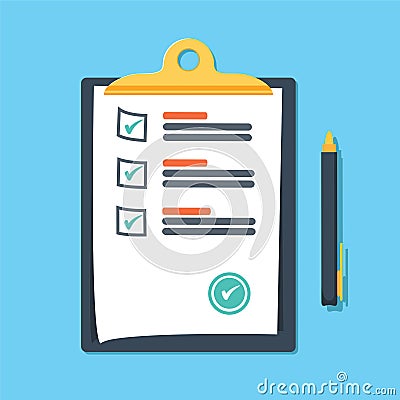 Clipboard with green ticks checkmarks and pen. Checklist, complete tasks, to-do list, survey, exam concepts. Vector Illustration