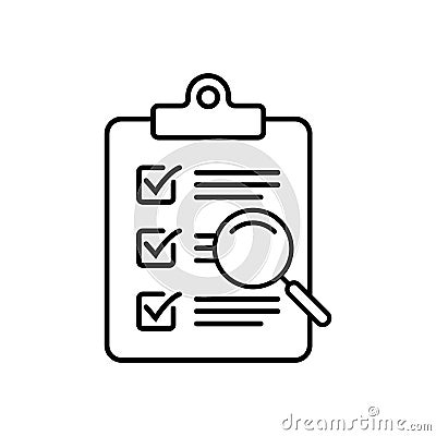 Clipboard with magnifier loupe icon, business concept. Analysis, analyzing icon. File search icon, document search. Vector Illustration