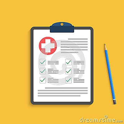 Clipboard with medical cross and pen. Clinical record, prescription, claim, medical check marks report, health. Cartoon Illustration