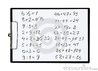 Clipboard and paper sheet with pencil drawing math task, object Stock Photo
