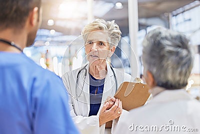 Clipboard, serious doctor and team crisis, medical advice and support for schedule fail or hospital news. Questions Stock Photo