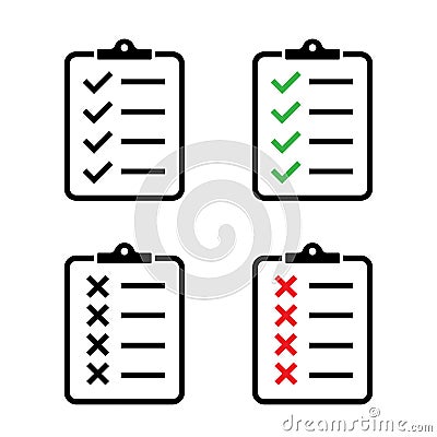 Clipboard vector icons isolated. Task done sign. Green check mark icons symbol.Tick symbol. Red cross tick Vector Illustration