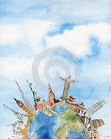 Clipboard of world sightseeings paited in watercolor,travel concept Editorial Stock Photo