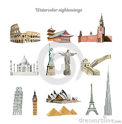 Clipboard of world sightseeings paited in watercolor,travel concept Editorial Stock Photo